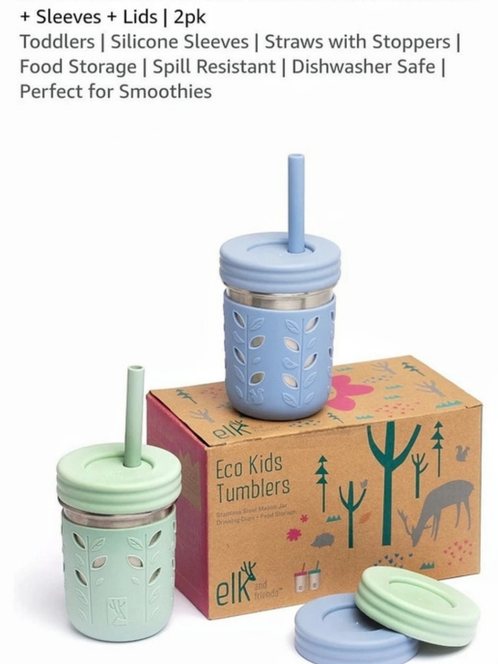 Elk and Friends 10oz Stainless Steel Mason Jars Kids Mason Jars Green & Blue NWT
